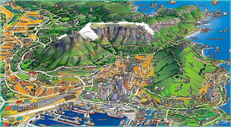 bird&#x27;s eye view illustration of downtown Cape Town and table Mountain