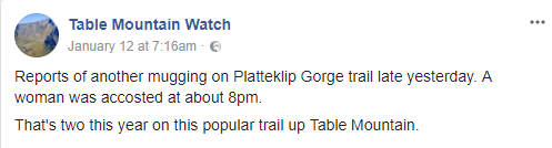 Facebook report of Platteklip Gorge, Table Mountain crime.
