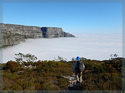 Hiker on Devil&#x27;s peak above a sea of cloud, Table Mountain in the distance