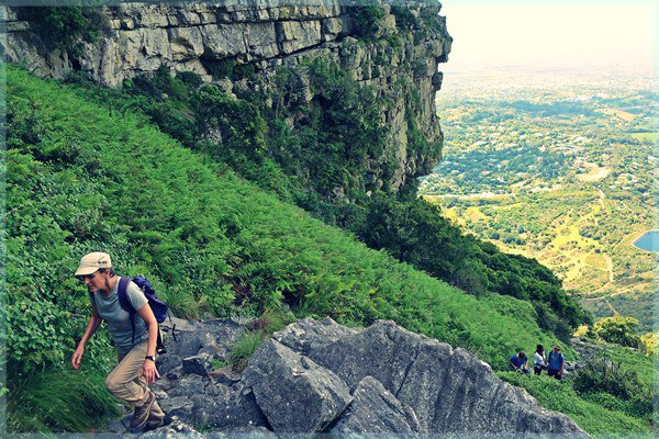 Hiker near the top of Nursery Ravine, Table Mountain.